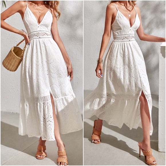 BellanBlue Dresses & Skirts - Boho White Plunging Neck Eyelet Cami Slit Dress